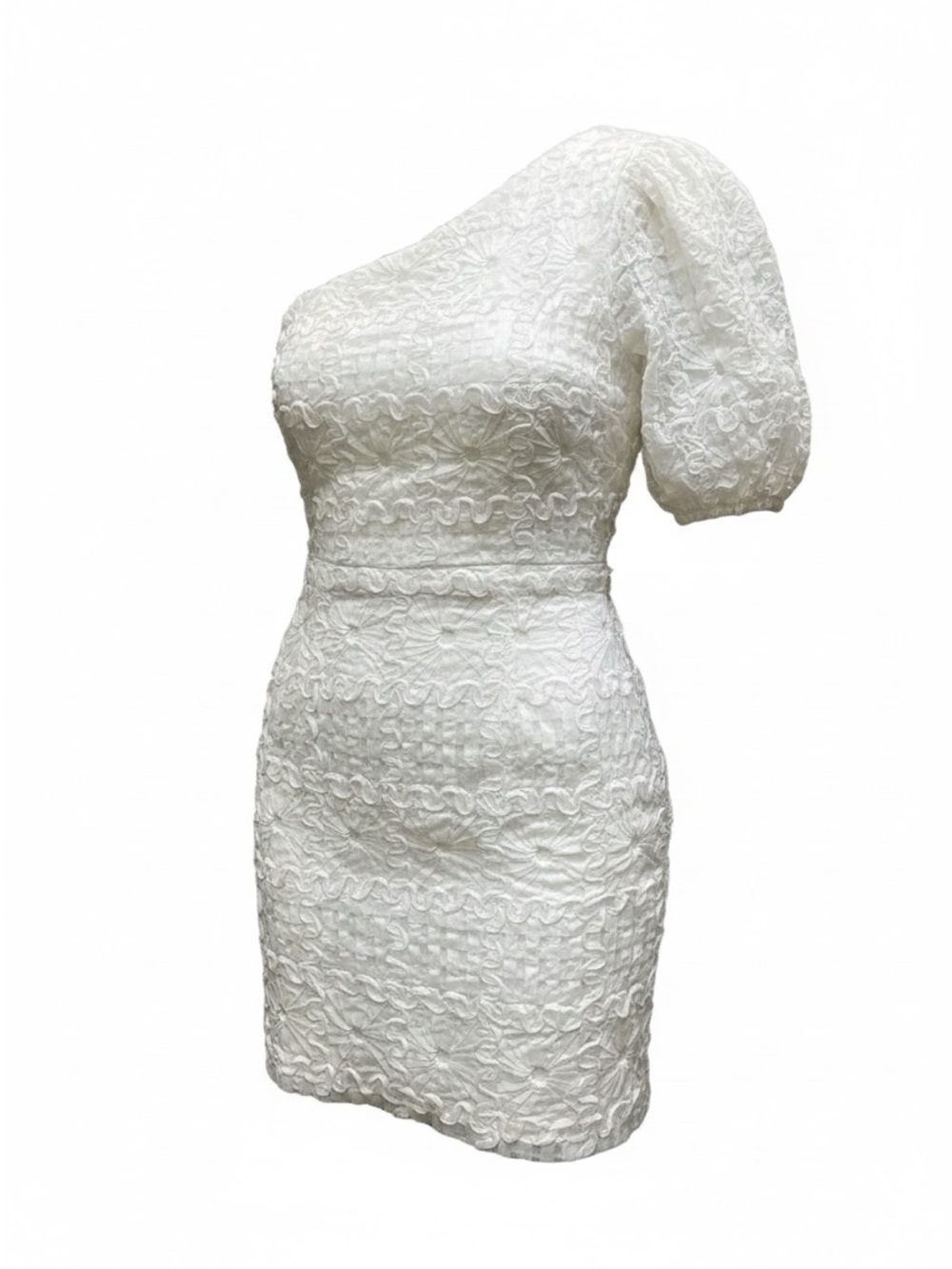 entro White One-Shoulder Lace Mini Dress with Puff Sleeve